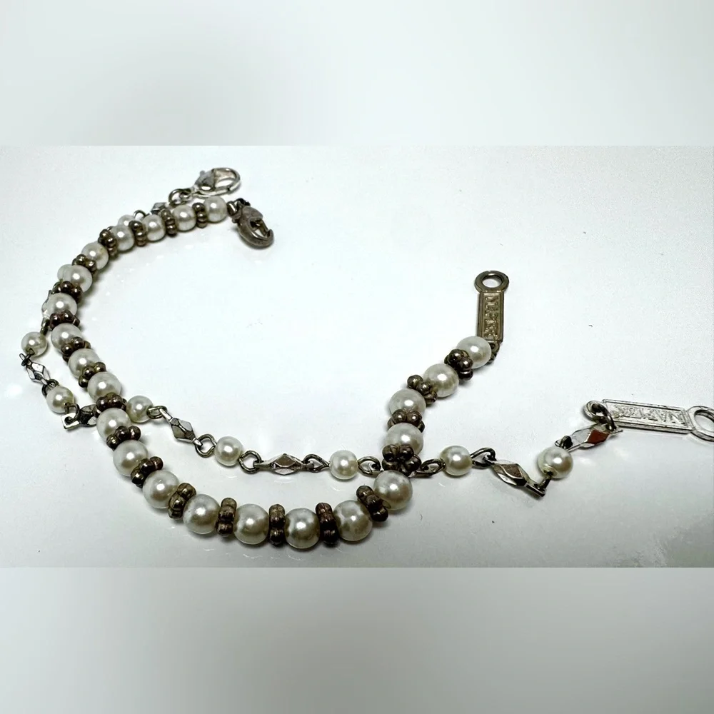 Lot of 2 Vintage Signed Napier Silver-time & Faux Pearl Bracelets #1120